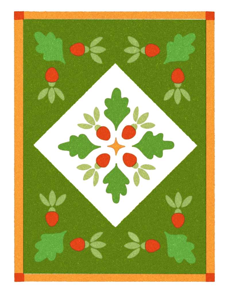 Illustrated vintage quilt-inspired pattern made of bright red strawberries and green oak leaves.